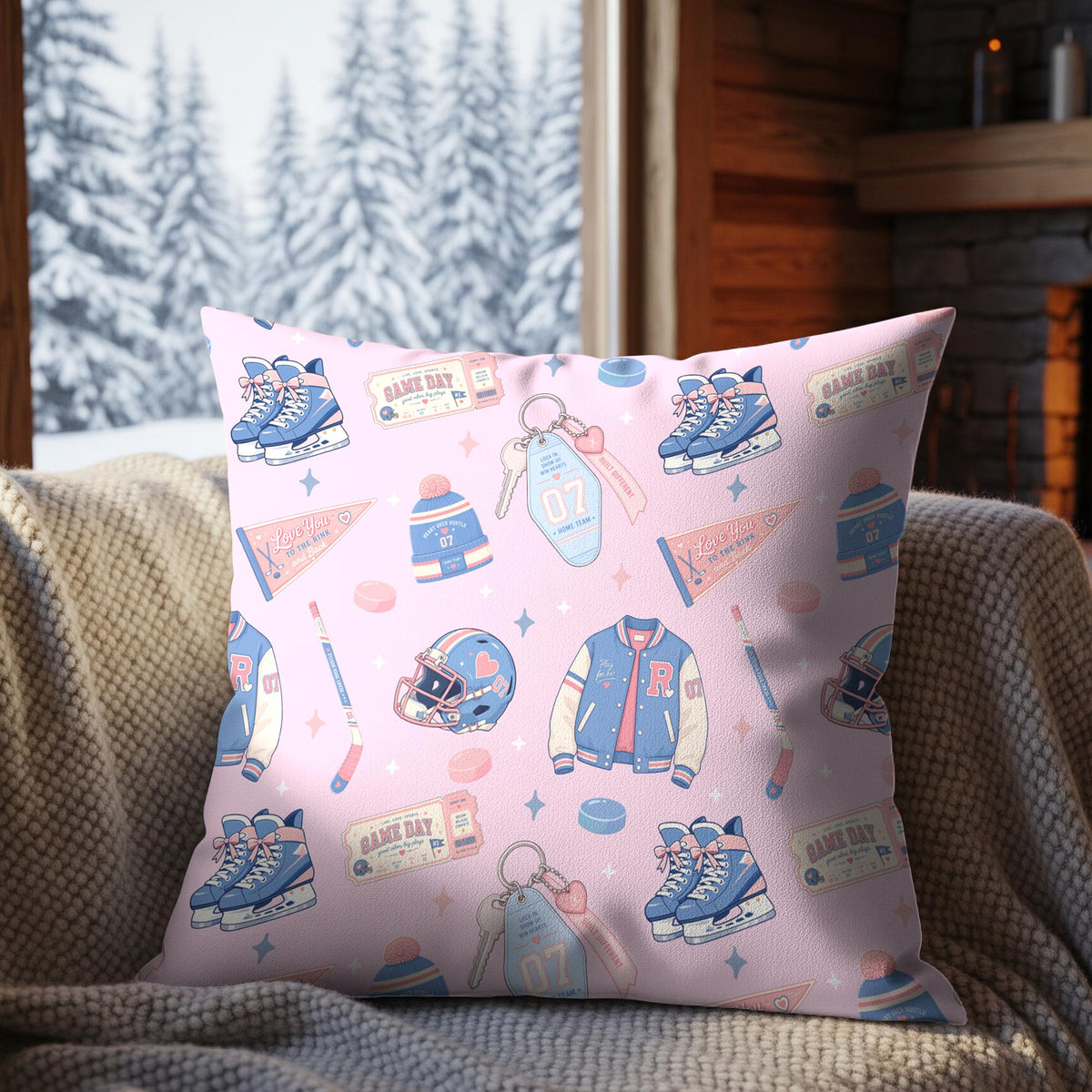 Bookish ice hockey romance digital pattern displayed on a decorative cushion with blue skates, pink bows, hockey jerseys and game day accessories.