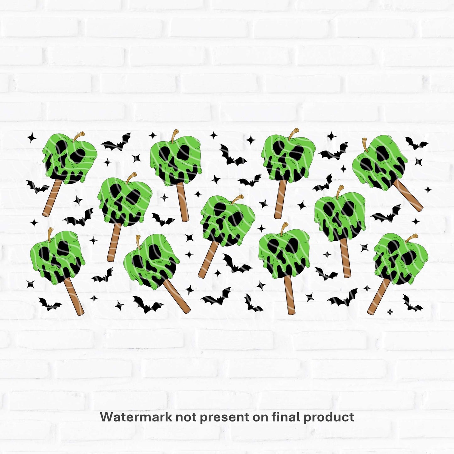 Digital PNG wrap design for 16oz Libbey glass cans featuring spooky poison apples with red faces and green slime dripping down. A fun, creepy pattern perfect for Halloween crafts, gothic drinkware, or fairytale villain aesthetics. Use with UV DTF, DTF, or sublimation to create eerie custom tumblers. Ideal for horror fans, spooky season gifts, or Disney-inspired dark princess collections.