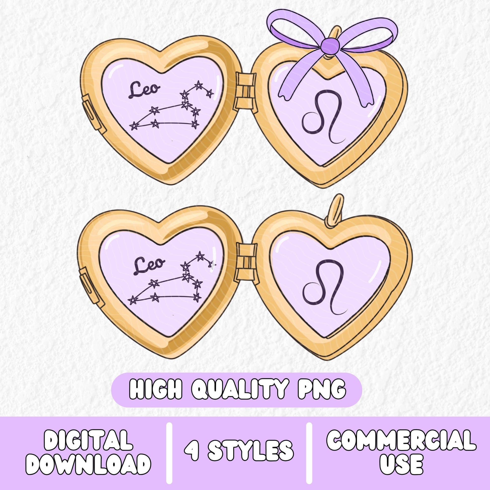 a cute trending and popular PNG digital download design of a gold love heart locket featuring a zodiac star sign and constellation symbol, finished with a purple lilac bow.  Can be used to create physical stickers or use for sublimation on clothing such as t shirts, jumpers and canvas bags