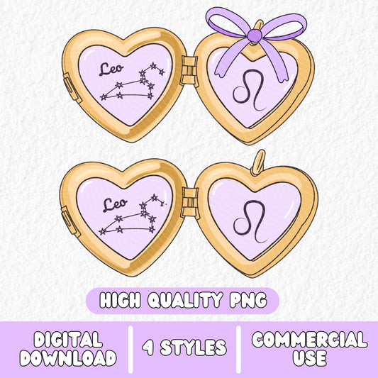 a cute trending and popular PNG digital download design of a gold love heart locket featuring a zodiac star sign and constellation symbol, finished with a purple lilac bow.  Can be used to create physical stickers or use for sublimation on clothing such as t shirts, jumpers and canvas bags