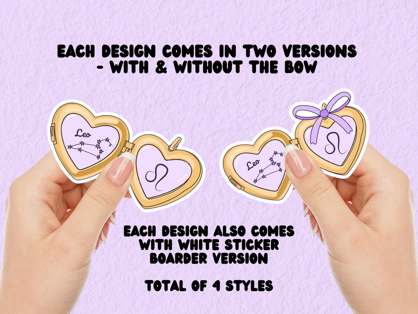 a cute trending and popular PNG digital download design of a gold love heart locket featuring a zodiac star sign and constellation symbol, finished with a purple lilac bow.  Can be used to create physical stickers or use for sublimation on clothing such as t shirts, jumpers and canvas bags