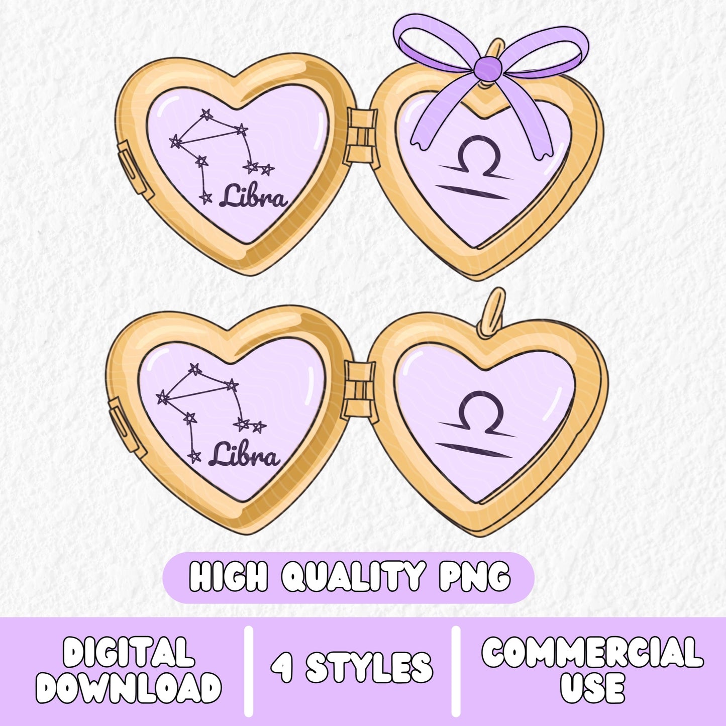 a cute trending and popular PNG digital download design of a gold love heart locket featuring a zodiac star sign and constellation symbol, finished with a purple lilac bow.  Can be used to create physical stickers or use for sublimation on clothing such as t shirts, jumpers and canvas bags