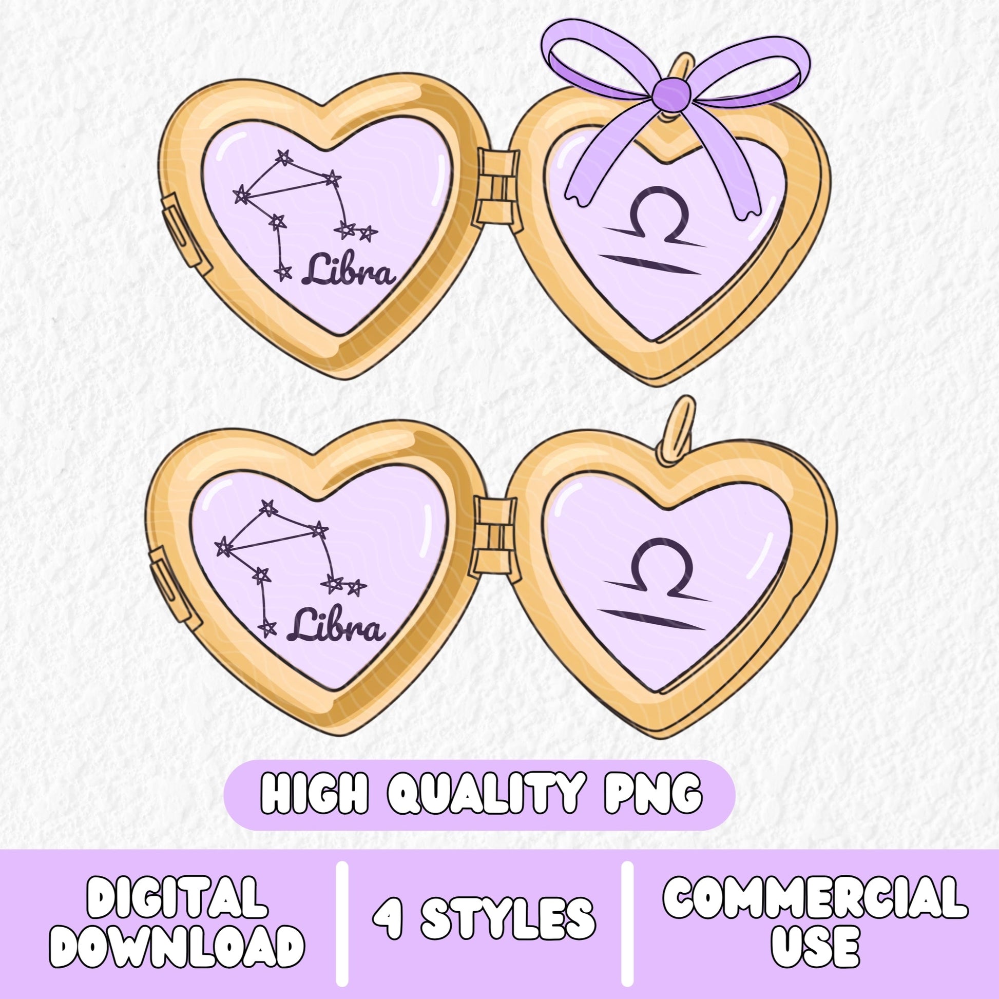 a cute trending and popular PNG digital download design of a gold love heart locket featuring a zodiac star sign and constellation symbol, finished with a purple lilac bow.  Can be used to create physical stickers or use for sublimation on clothing such as t shirts, jumpers and canvas bags