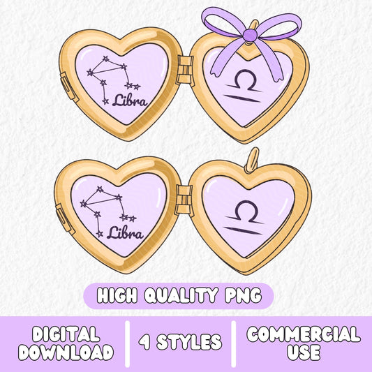 a cute trending and popular PNG digital download design of a gold love heart locket featuring a zodiac star sign and constellation symbol, finished with a purple lilac bow.  Can be used to create physical stickers or use for sublimation on clothing such as t shirts, jumpers and canvas bags