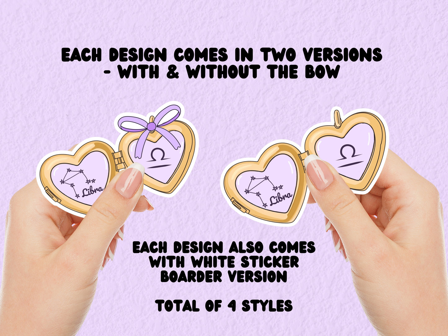 a cute trending and popular PNG digital download design of a gold love heart locket featuring a zodiac star sign and constellation symbol, finished with a purple lilac bow.  Can be used to create physical stickers or use for sublimation on clothing such as t shirts, jumpers and canvas bags