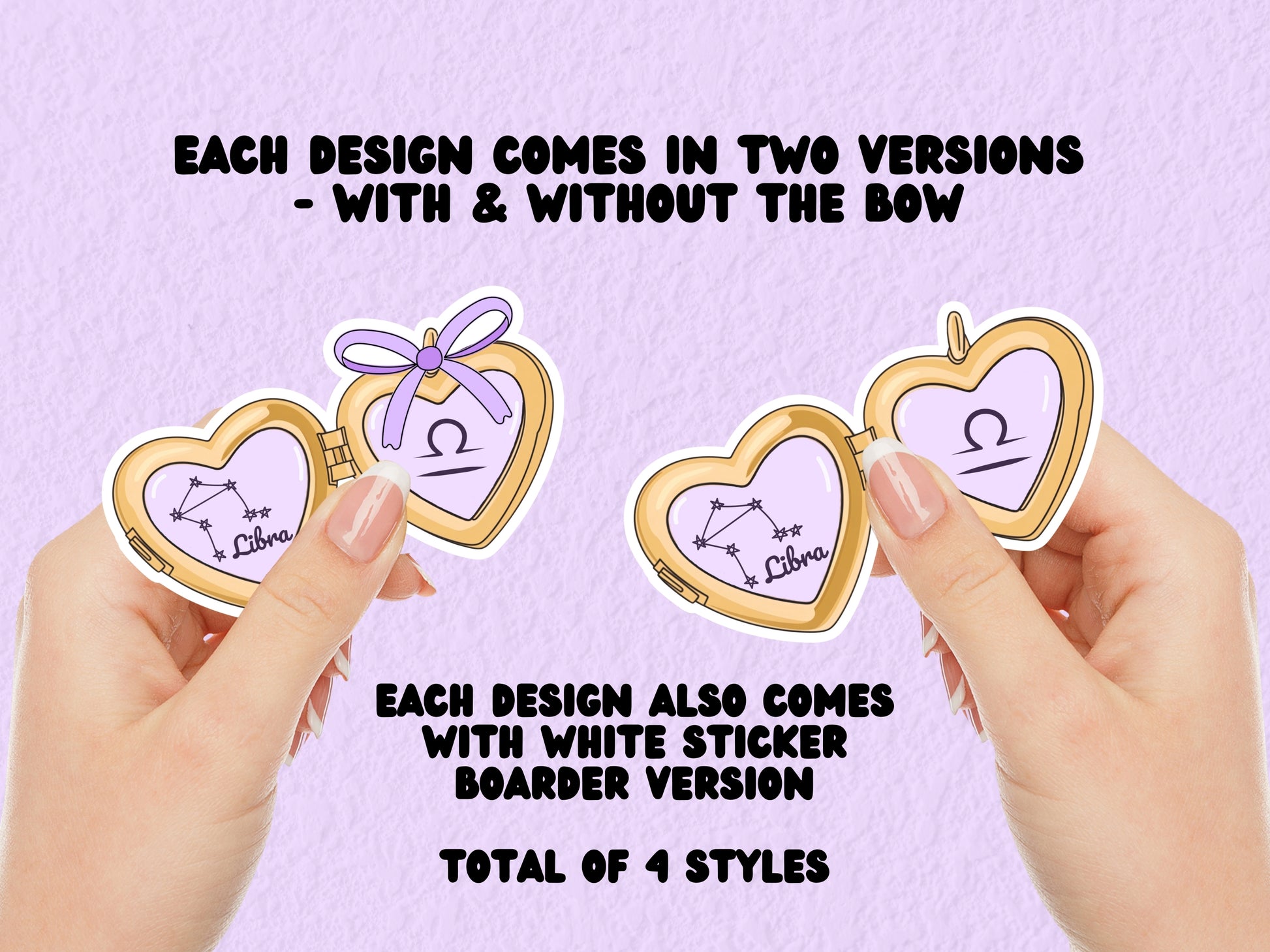 a cute trending and popular PNG digital download design of a gold love heart locket featuring a zodiac star sign and constellation symbol, finished with a purple lilac bow.  Can be used to create physical stickers or use for sublimation on clothing such as t shirts, jumpers and canvas bags