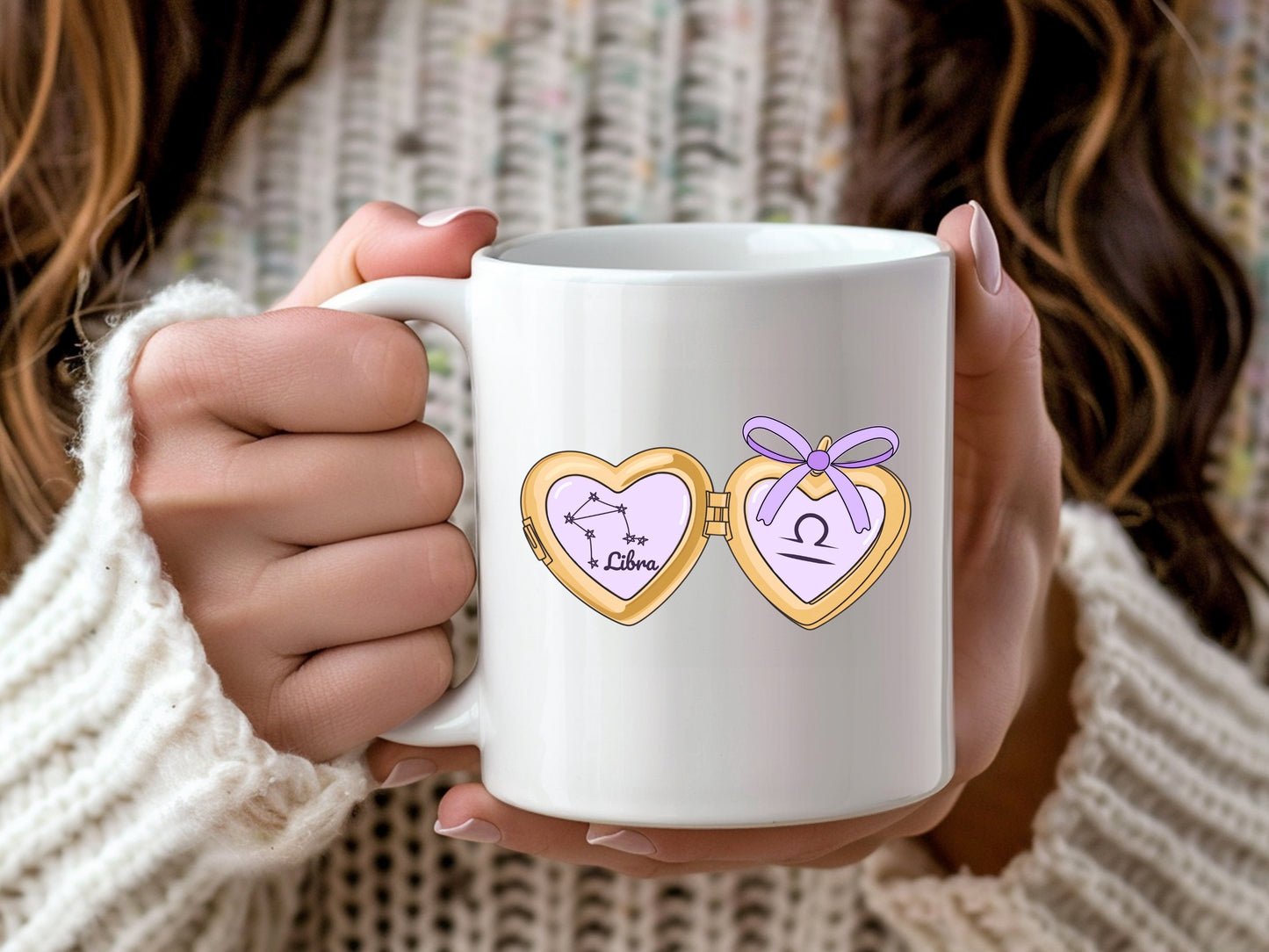 a cute trending and popular PNG digital download design of a gold love heart locket featuring a zodiac star sign and constellation symbol, finished with a purple lilac bow.  Can be used to create physical stickers or use for sublimation on clothing such as t shirts, jumpers and canvas bags