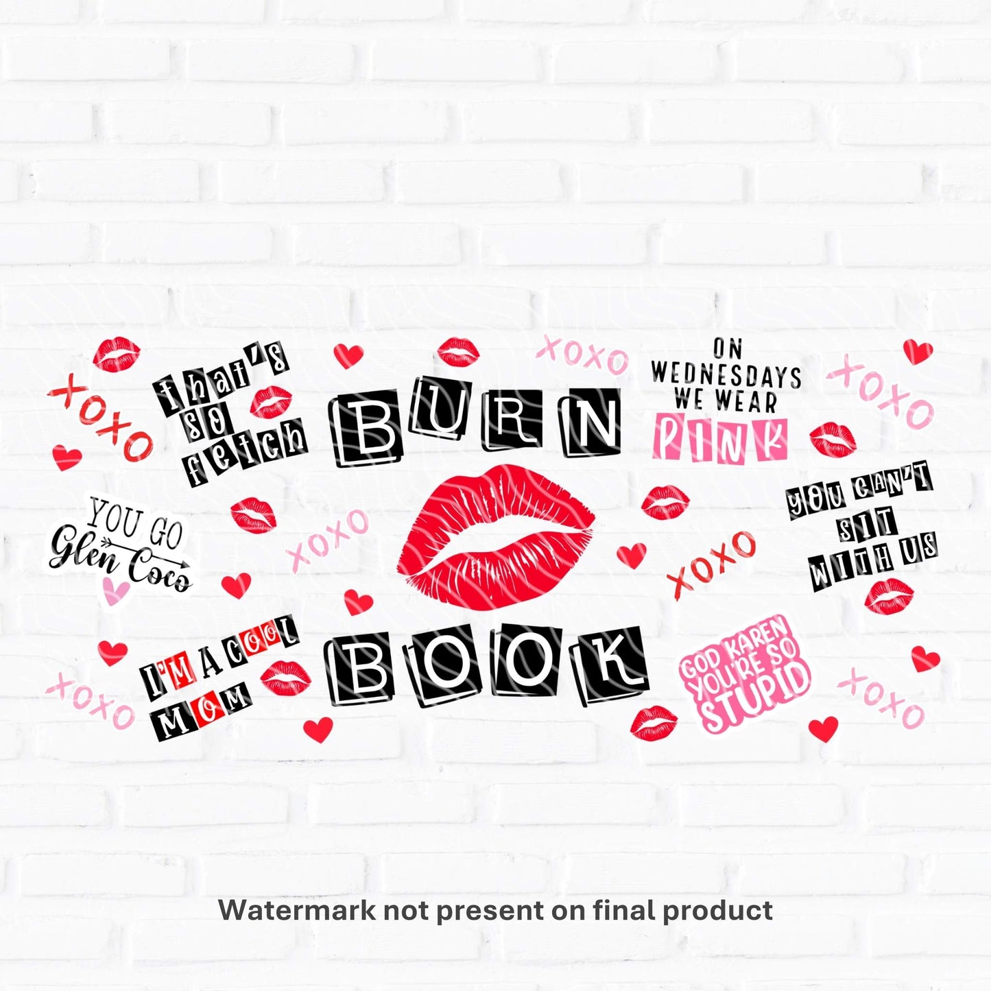 uv dtf print wrap for 16oz Libbey glass cans featuring a mean girls burn book design