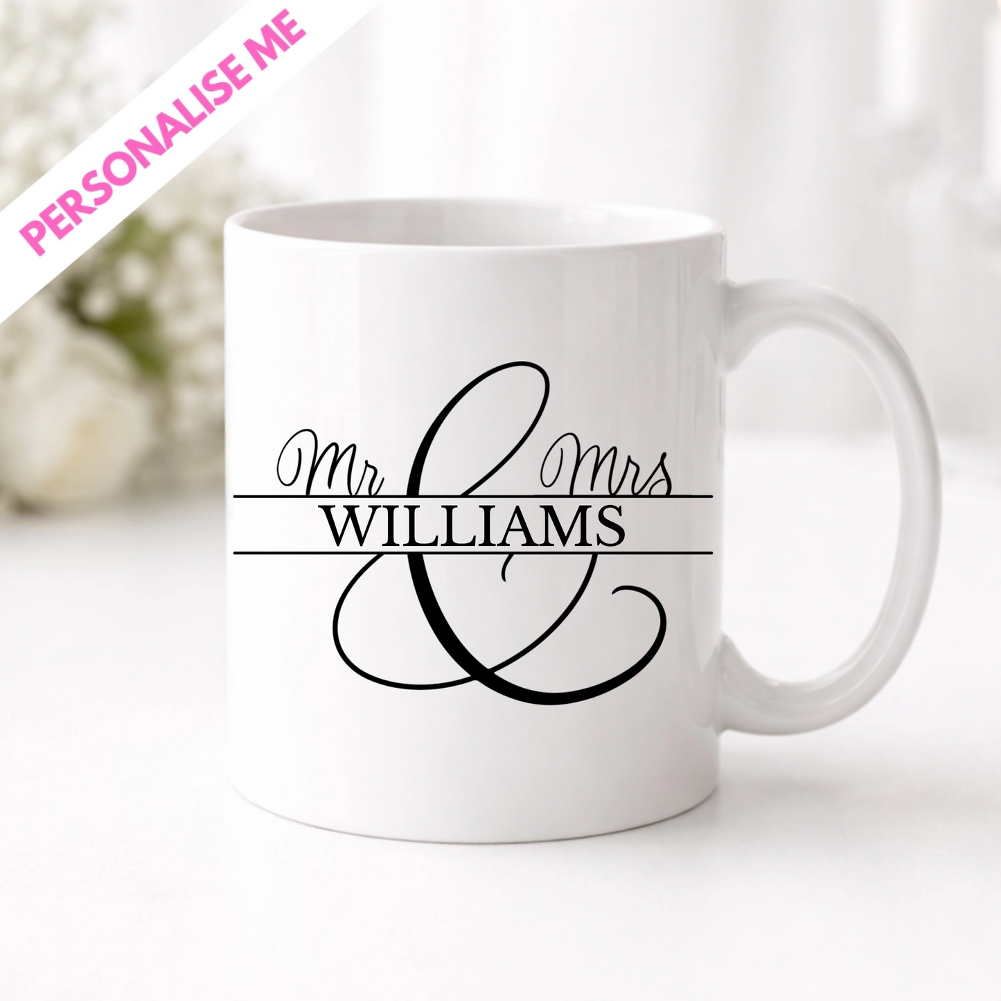 uv dtf transfer shown on a white mug, text can be personalised and makes a excellent bridal shower gift for a wedding