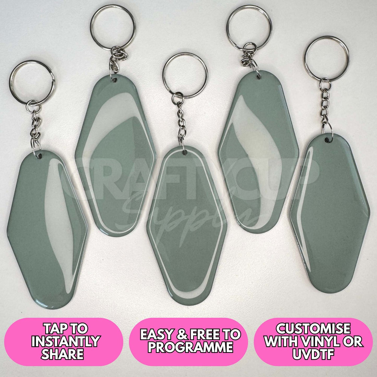 Blank NFC motel shaped tag keyring designed for contactless digital business cards and payment links