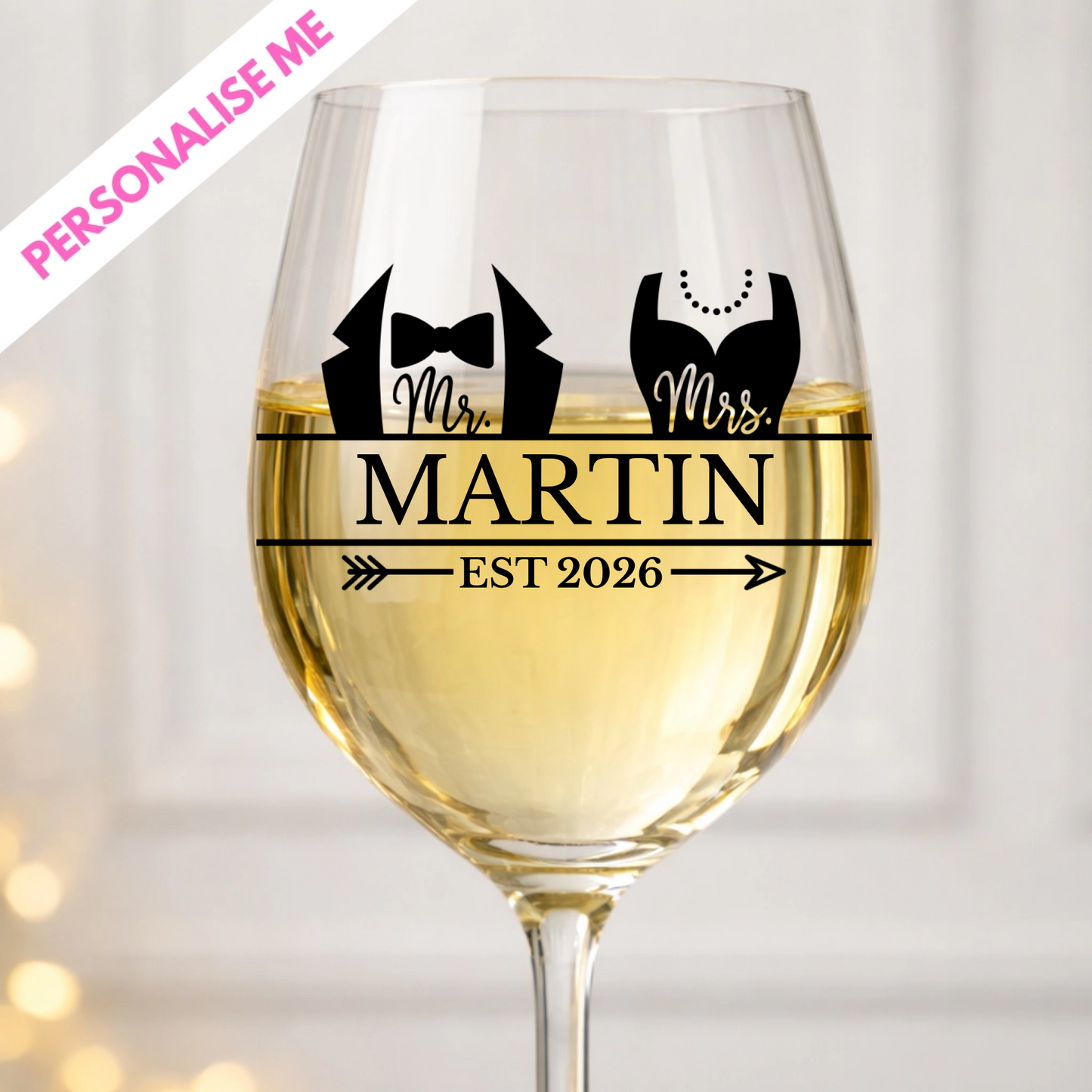 Wine glass with 'Mr and Mrs Martin Est 2026' design on a white background, personalised and printed in the UK