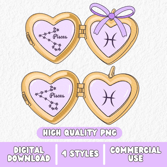 a cute trending and popular PNG digital download design of a gold love heart locket featuring a zodiac star sign and constellation symbol, finished with a purple lilac bow.  Can be used to create physical stickers or use for sublimation on clothing such as t shirts, jumpers and canvas bags