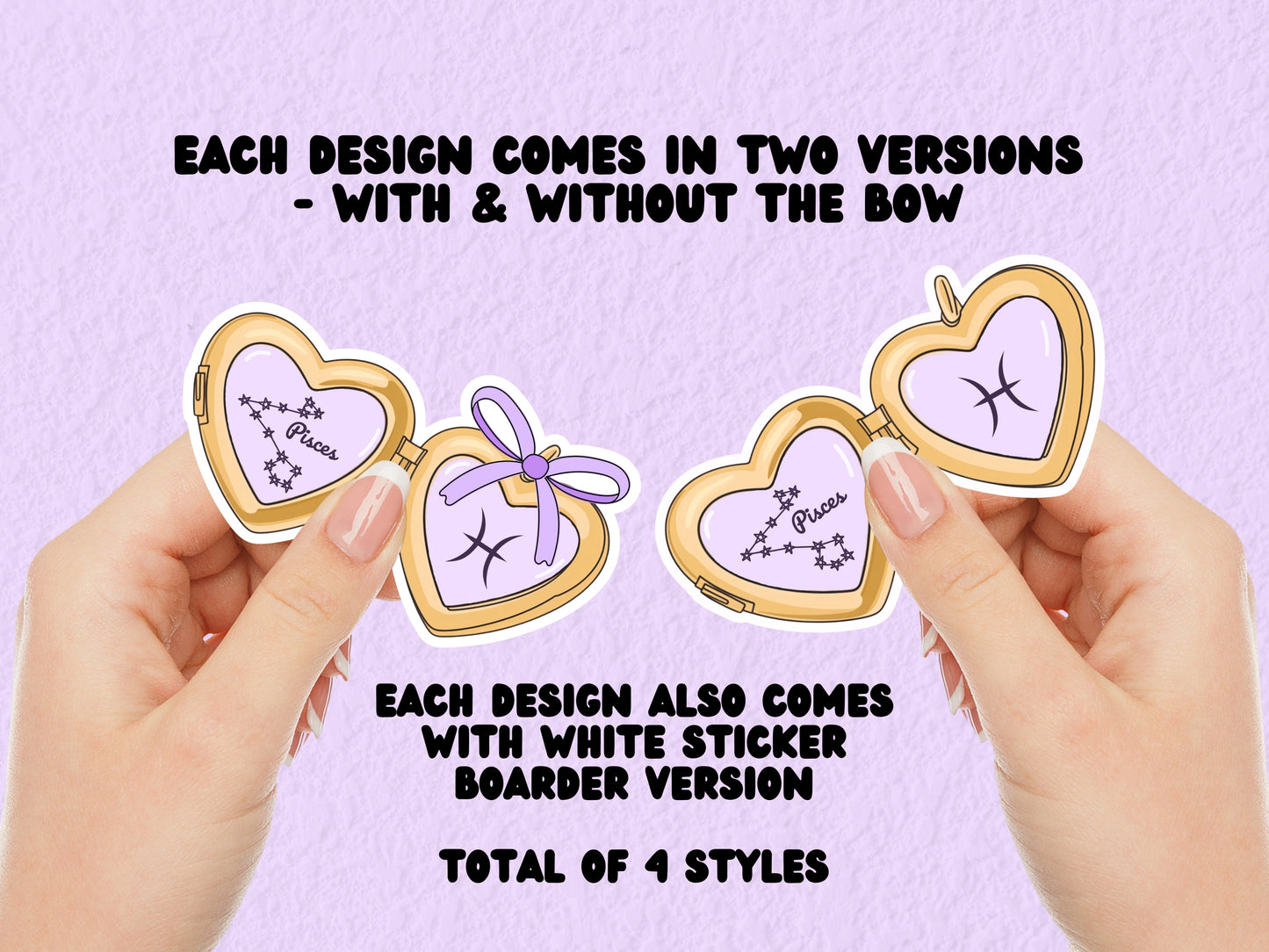 a cute trending and popular PNG digital download design of a gold love heart locket featuring a zodiac star sign and constellation symbol, finished with a purple lilac bow.  Can be used to create physical stickers or use for sublimation on clothing such as t shirts, jumpers and canvas bags