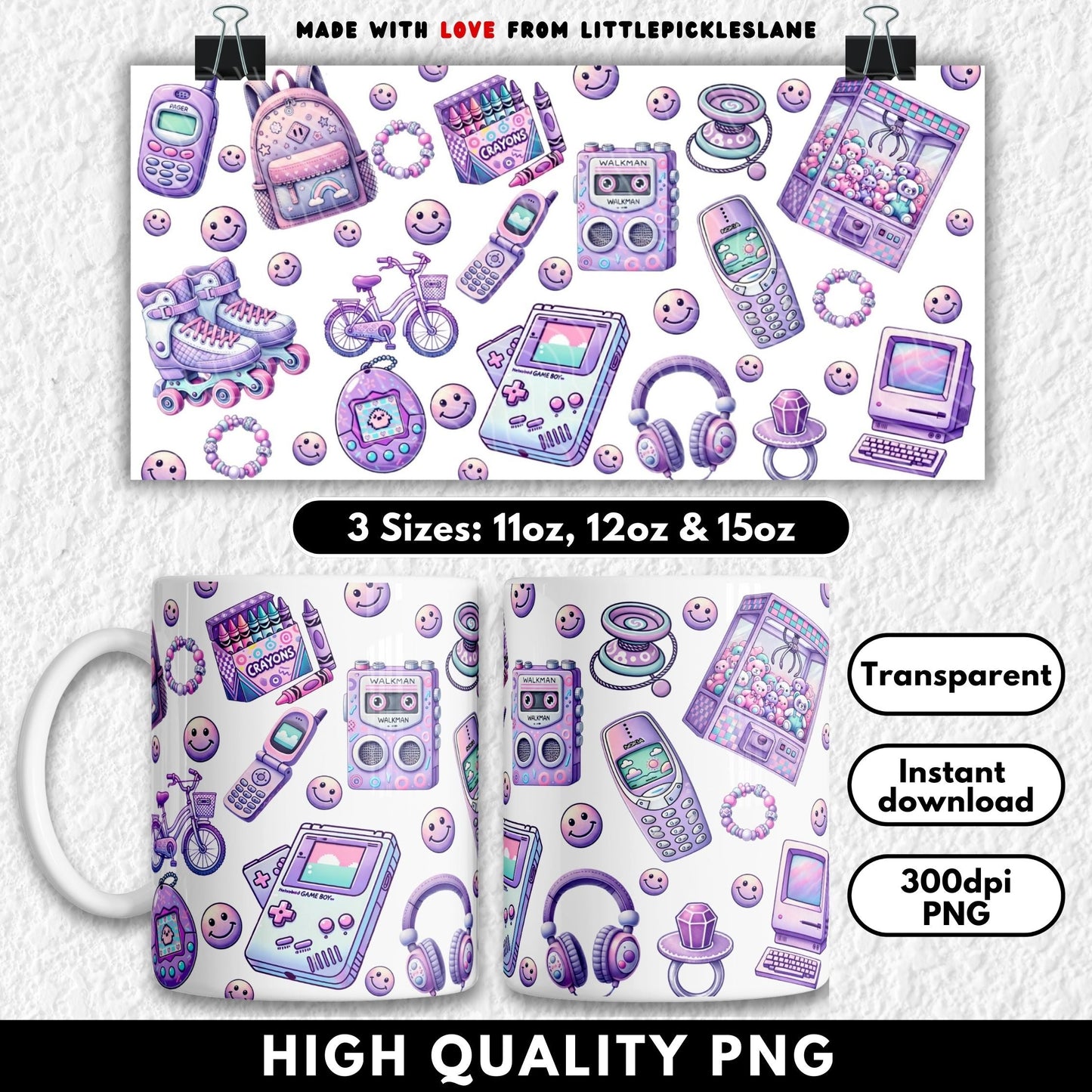This retro sublimation mug wrap is packed with 90s and Y2K nostalgia, featuring roller skates, Tamagotchi, Game Boy, Nokia phone, Walkman, flip phone, pager, bike, crayons, claw machine, backpack, headphones, yo-yo, pacifier ring, smiley faces, and more in pastel purple and pink hues. Sized for 11oz, 12oz, and 15oz sublimation mugs, this high-resolution PNG is perfect for creating fun throwback drinkware. A trendy mug design for retro lovers, gamers, and nostalgic 90s kids.