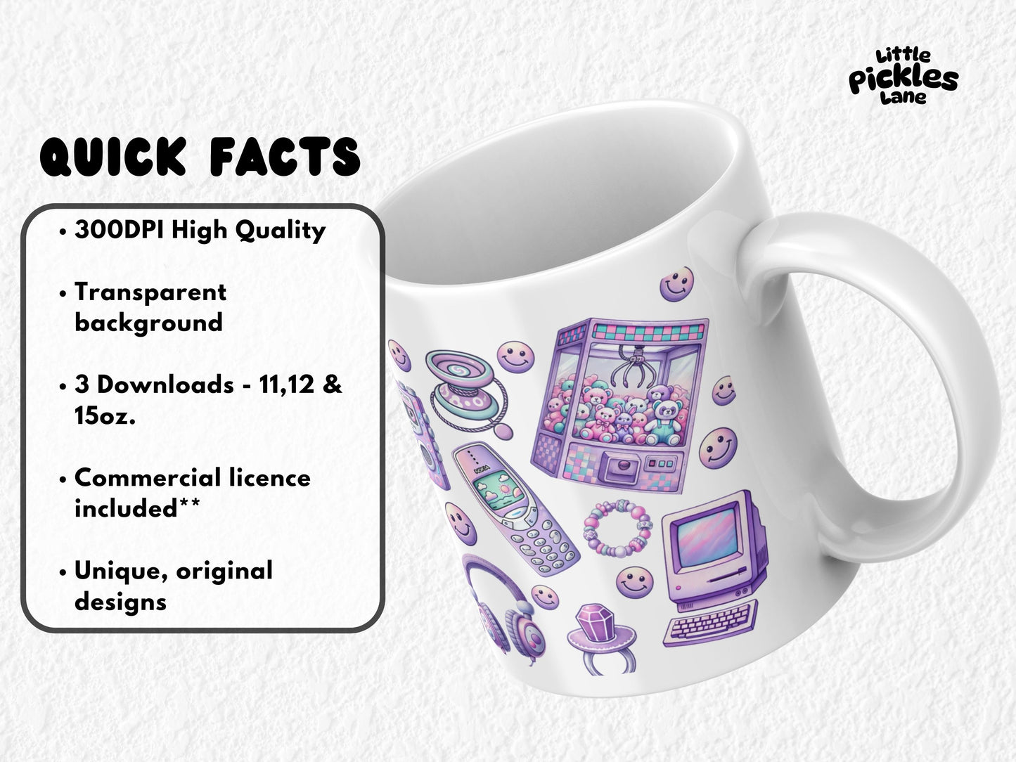 This retro sublimation mug wrap is packed with 90s and Y2K nostalgia, featuring roller skates, Tamagotchi, Game Boy, Nokia phone, Walkman, flip phone, pager, bike, crayons, claw machine, backpack, headphones, yo-yo, pacifier ring, smiley faces, and more in pastel purple and pink hues. Sized for 11oz, 12oz, and 15oz sublimation mugs, this high-resolution PNG is perfect for creating fun throwback drinkware. A trendy mug design for retro lovers, gamers, and nostalgic 90s kids.