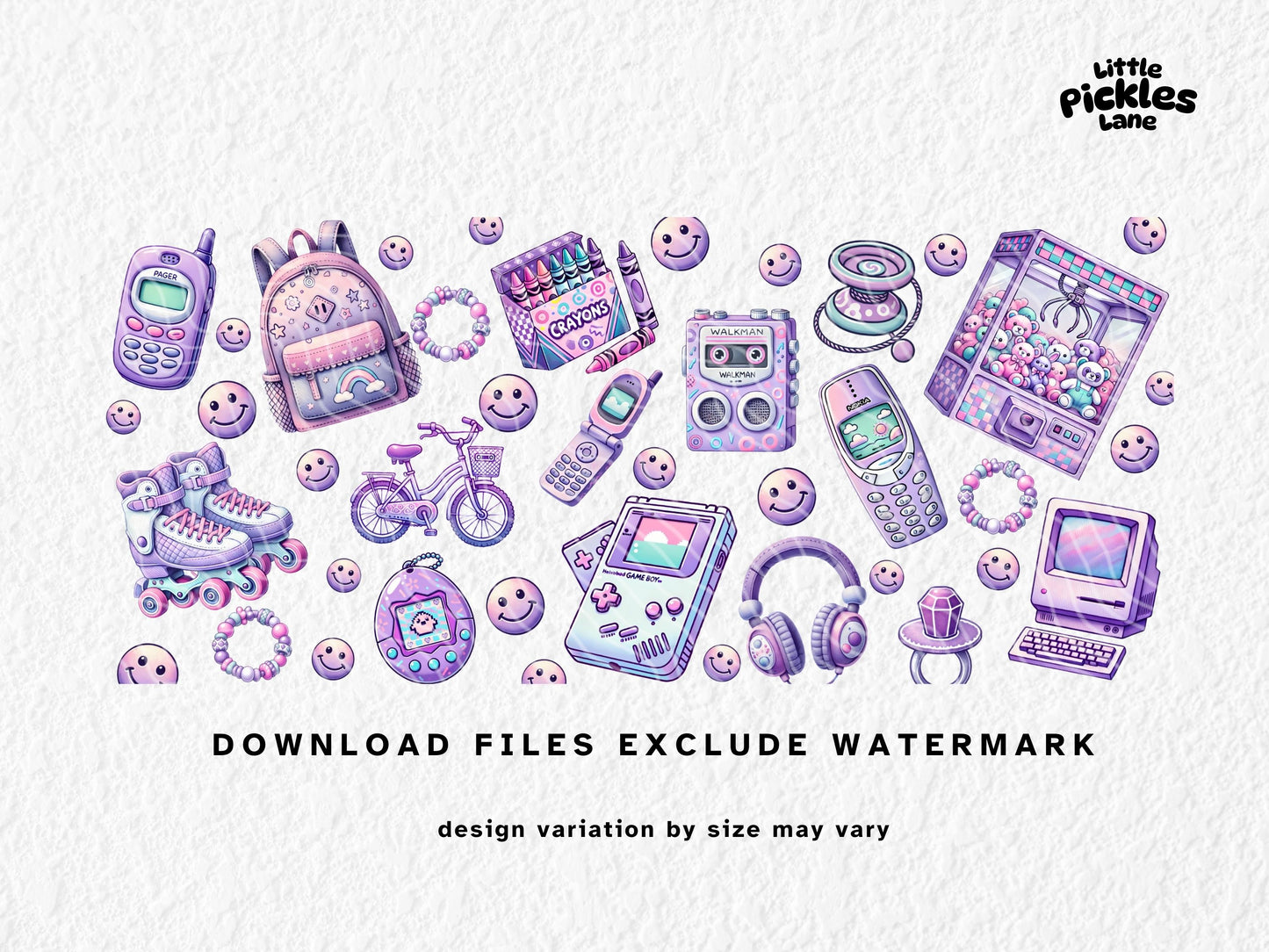 This retro sublimation mug wrap is packed with 90s and Y2K nostalgia, featuring roller skates, Tamagotchi, Game Boy, Nokia phone, Walkman, flip phone, pager, bike, crayons, claw machine, backpack, headphones, yo-yo, pacifier ring, smiley faces, and more in pastel purple and pink hues. Sized for 11oz, 12oz, and 15oz sublimation mugs, this high-resolution PNG is perfect for creating fun throwback drinkware. A trendy mug design for retro lovers, gamers, and nostalgic 90s kids.
