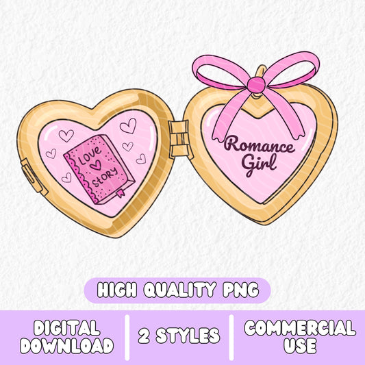 a cute trending and popular PNG digital download design of a gold love heart locket featuring bookish genres for book reading girls.  Can be used to create physical stickers or use for sublimation on clothing such as t shirts, jumpers and canvas bags