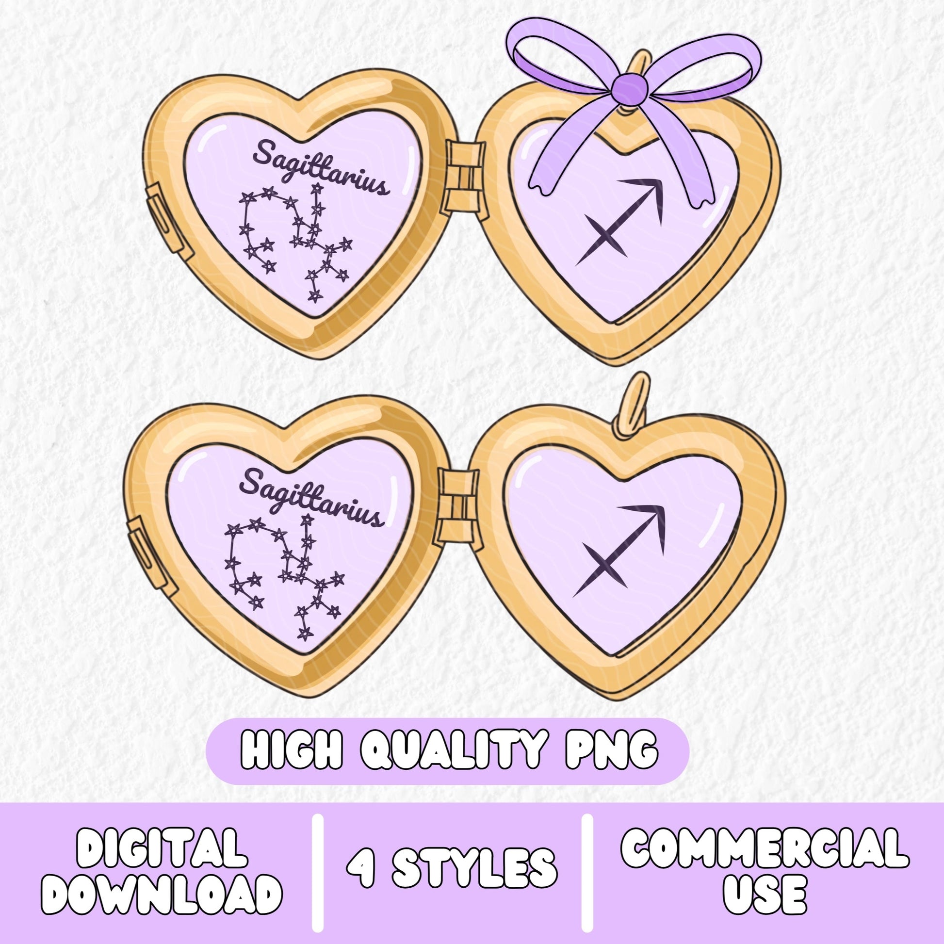 a cute trending and popular PNG digital download design of a gold love heart locket featuring a zodiac star sign and constellation symbol, finished with a purple lilac bow.  Can be used to create physical stickers or use for sublimation on clothing such as t shirts, jumpers and canvas bags