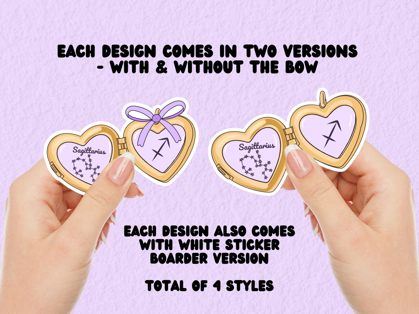 a cute trending and popular PNG digital download design of a gold love heart locket featuring a zodiac star sign and constellation symbol, finished with a purple lilac bow.  Can be used to create physical stickers or use for sublimation on clothing such as t shirts, jumpers and canvas bags