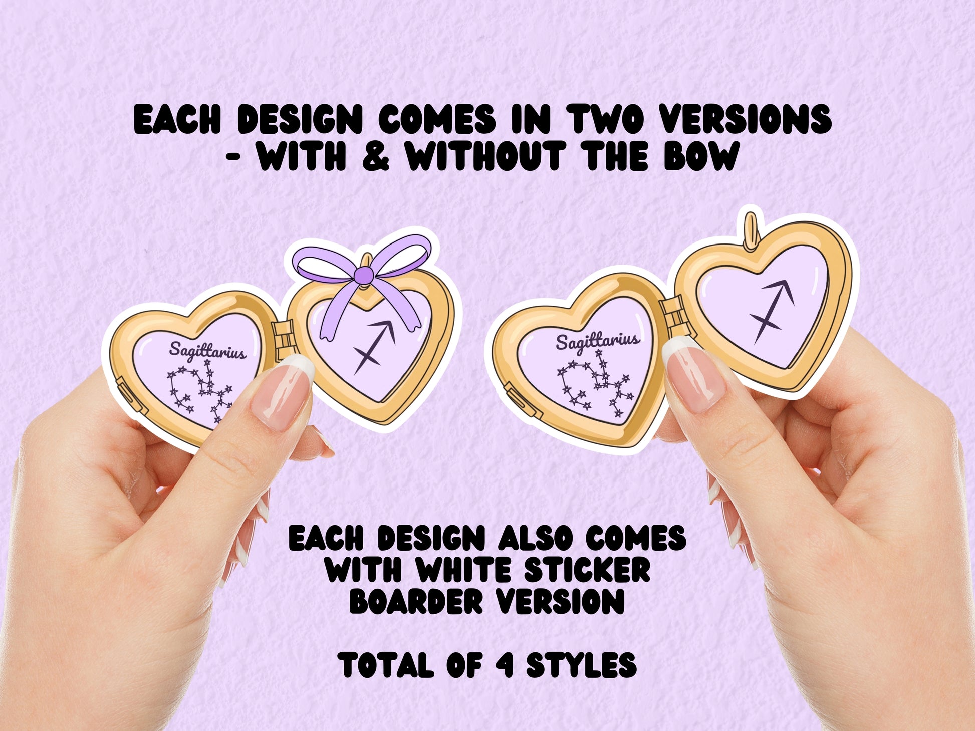 a cute trending and popular PNG digital download design of a gold love heart locket featuring a zodiac star sign and constellation symbol, finished with a purple lilac bow.  Can be used to create physical stickers or use for sublimation on clothing such as t shirts, jumpers and canvas bags