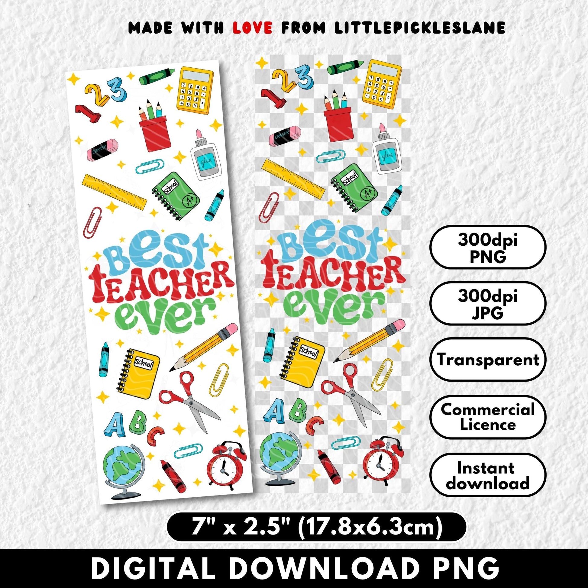 Digital download of 'Best Teacher Ever' design with educational items on a white background.