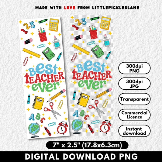 Digital download of 'Best Teacher Ever' design with educational items on a white background.