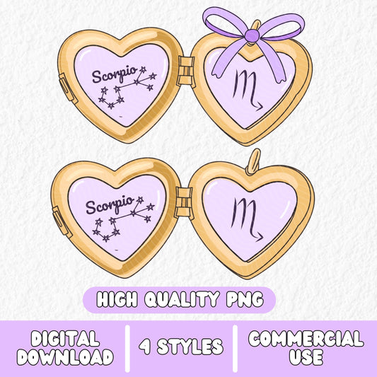 a cute trending and popular PNG digital download design of a gold love heart locket featuring a zodiac star sign and constellation symbol, finished with a purple lilac bow.  Can be used to create physical stickers or use for sublimation on clothing such as t shirts, jumpers and canvas bags