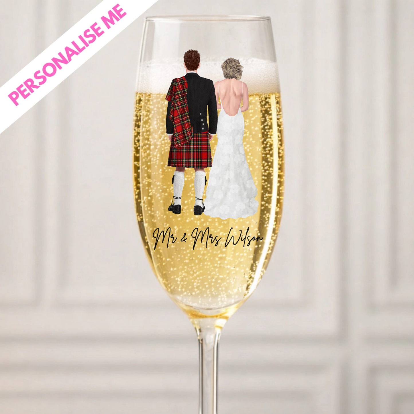 Personalized champagne flute with a couple in formal attire and 'Mr & Mrs Wilson' text on a white background. Custom gifts, custom name and design available