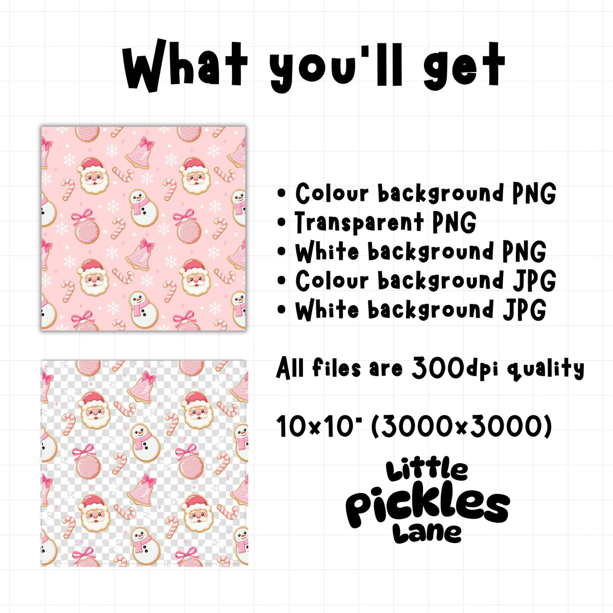 Pink Christmas seamless digital paper download containing five PNG and JPG files with pink, white and transparent backgrounds at 300 DPI.