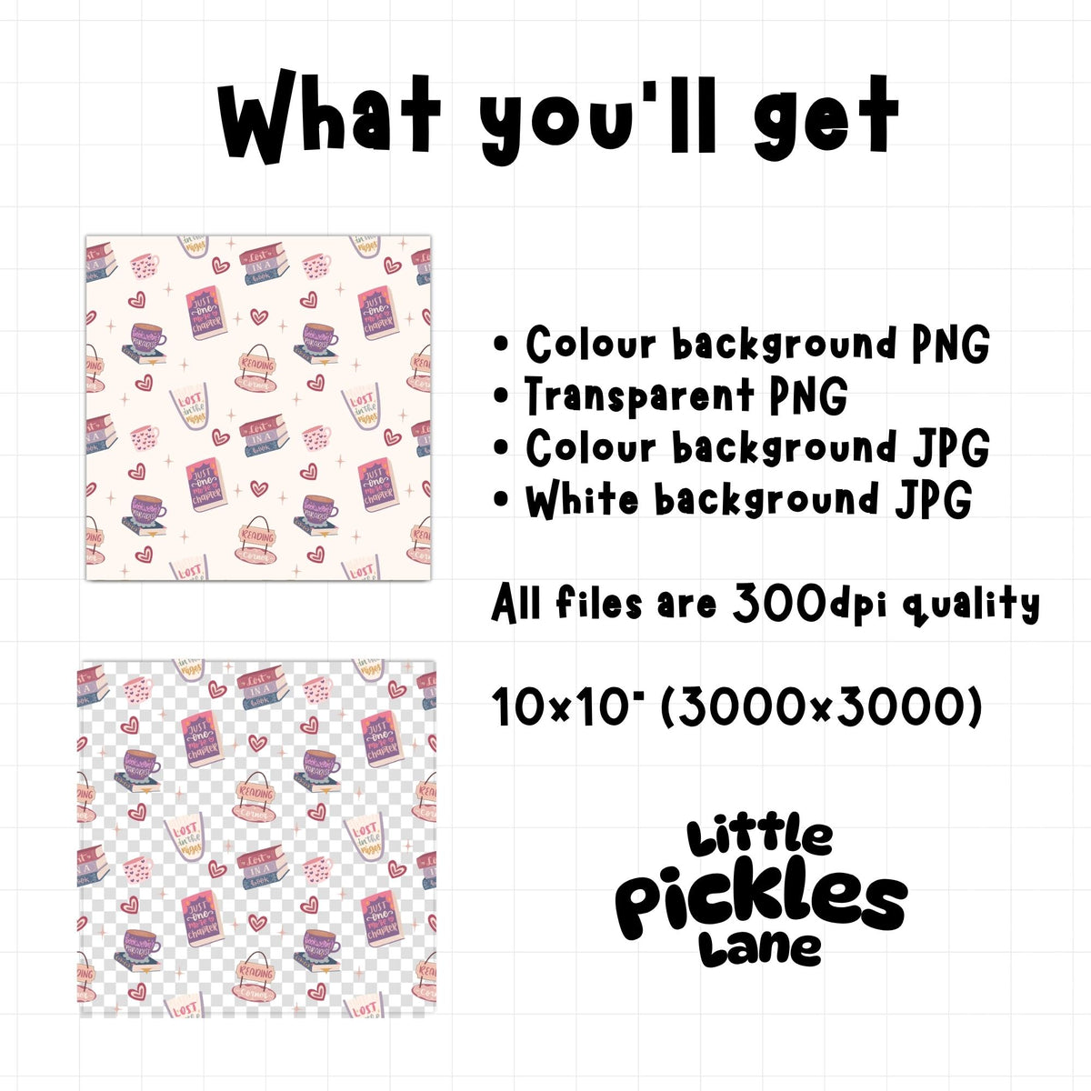 Book lover seamless pattern digital download with high resolution 300 DPI PNG and JPG files in 10 x 10 inch format for Kindle covers, tumblers and crafts.