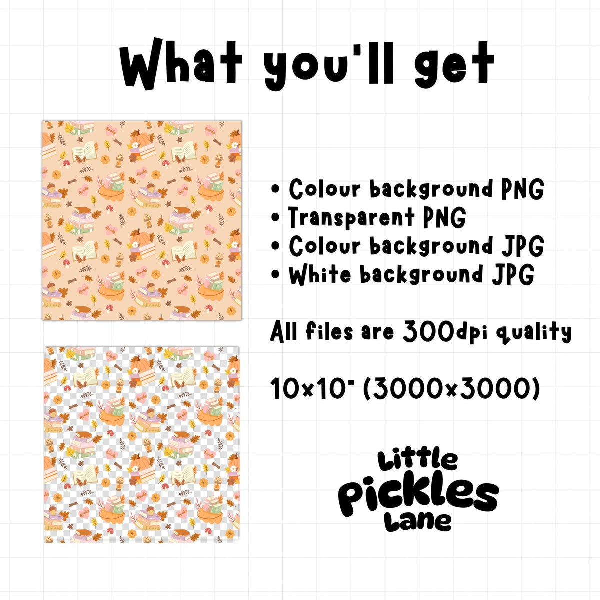 Autumn bookish digital paper download showing colour background PNG, transparent PNG, colour JPG and white background JPG files.
