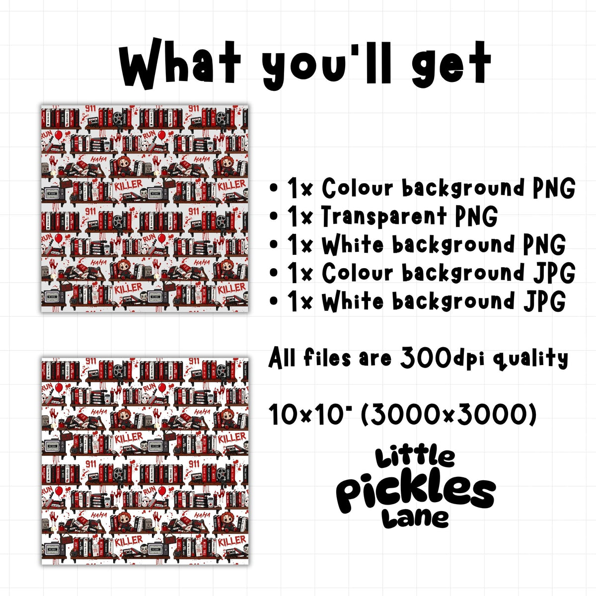 Horror bookshelf seamless pattern digital download including 300 DPI PNG and JPG files with colour, white and transparent background options.