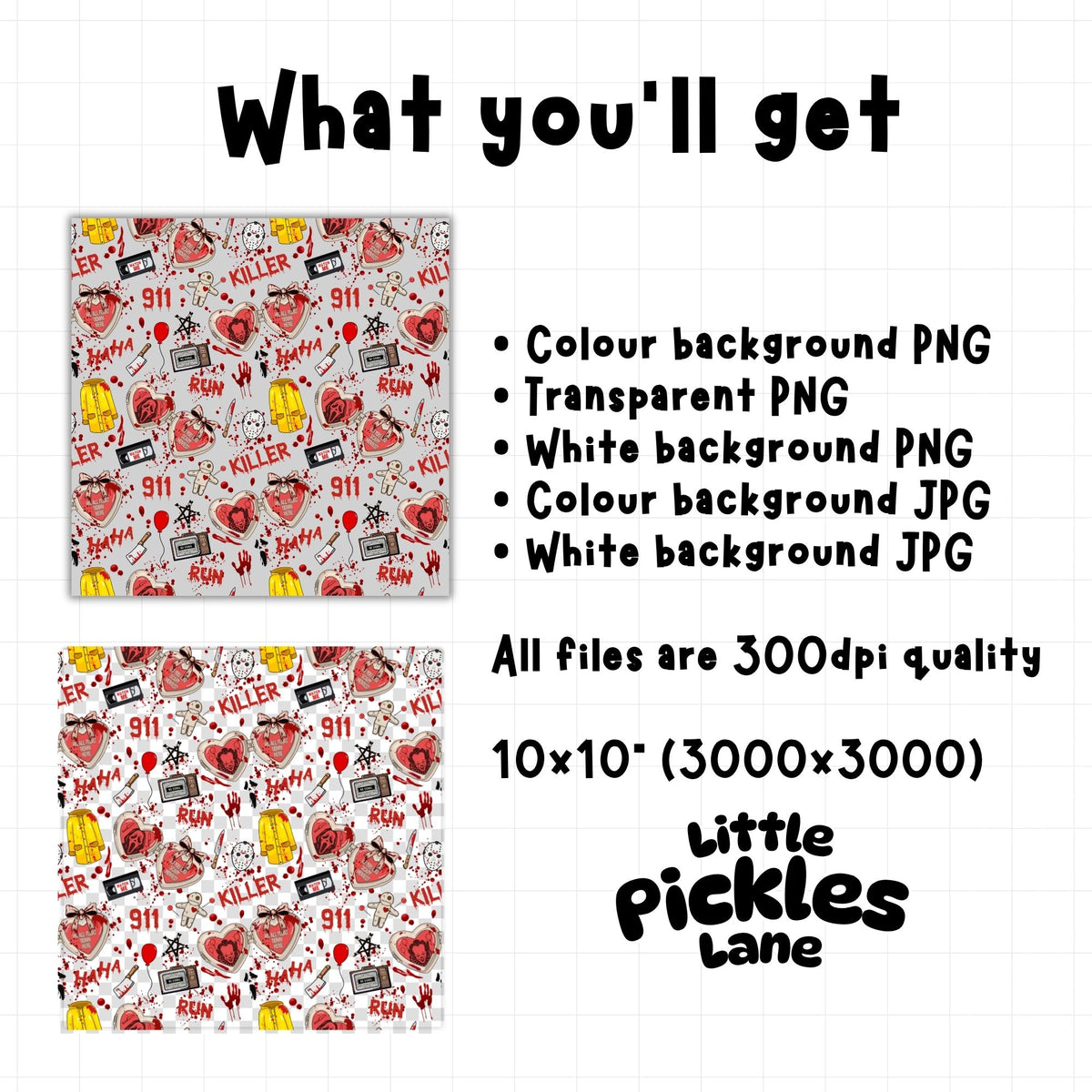Horror movie slasher seamless pattern digital download including 300 DPI PNG and JPG files with colour, white and transparent background options.