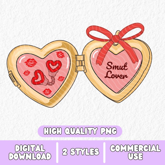 a cute trending and popular PNG digital download design of a gold love heart locket featuring bookish genres for book reading girls.  Can be used to create physical stickers or use for sublimation on clothing such as t shirts, jumpers and canvas bags
