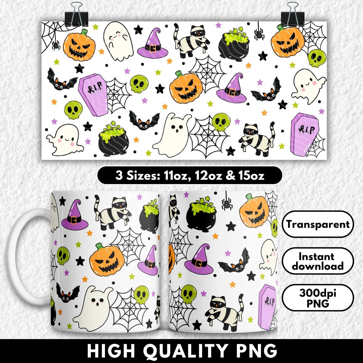 This playful Halloween sublimation mug design features cute ghosts, black bats, bubbling cauldrons, jack-o'-lantern pumpkins, green skulls, witch hats, purple coffins, and a mummy-wrapped black cat, all in a bold cartoon style. Perfect for 11oz, 12oz, and 15oz mugs, this high-quality PNG is ideal for spooky season crafting, Halloween gift ideas, or adding a fun twist to your seasonal drinkware.