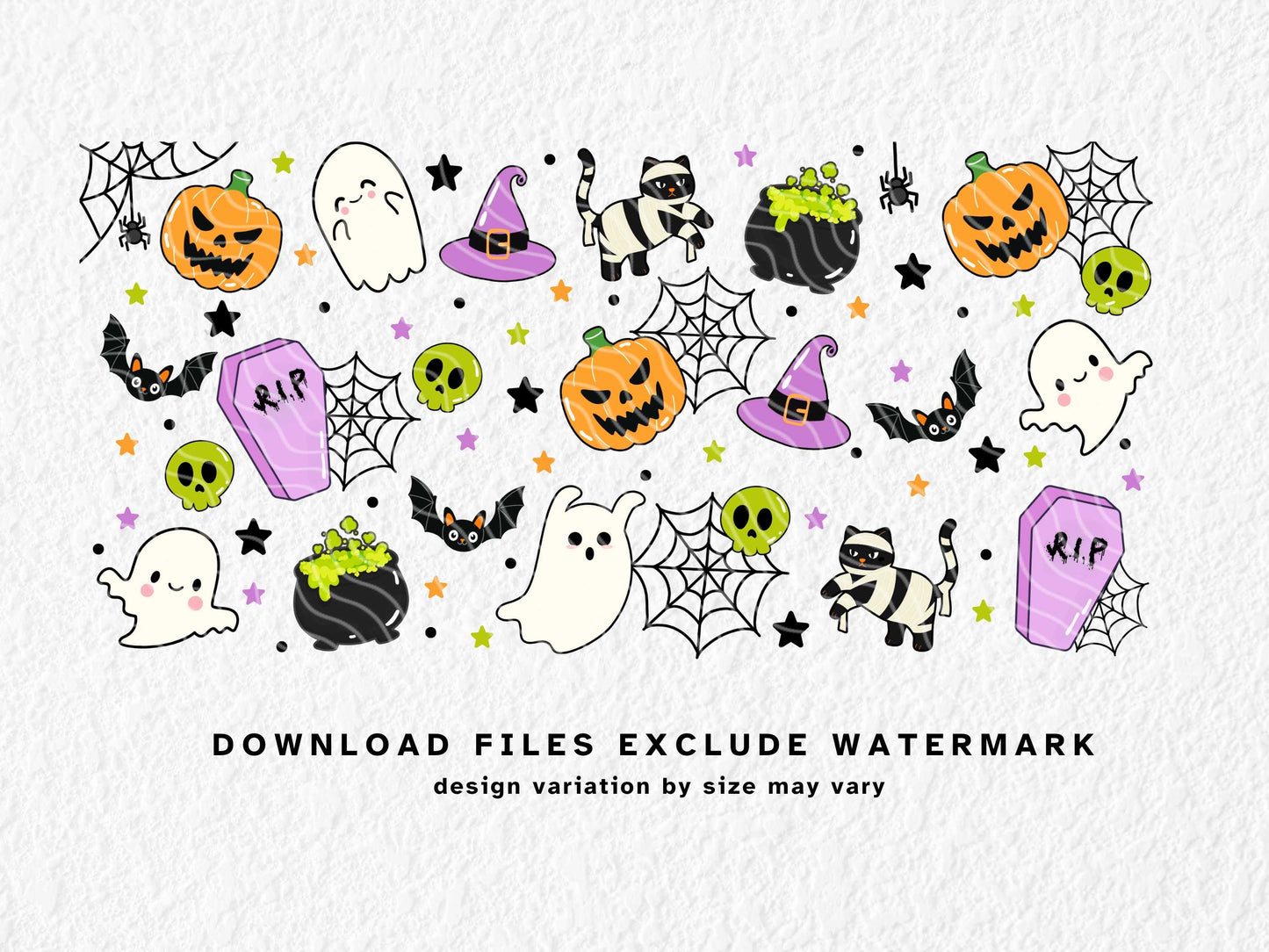 This playful Halloween sublimation mug design features cute ghosts, black bats, bubbling cauldrons, jack-o'-lantern pumpkins, green skulls, witch hats, purple coffins, and a mummy-wrapped black cat, all in a bold cartoon style. Perfect for 11oz, 12oz, and 15oz mugs, this high-quality PNG is ideal for spooky season crafting, Halloween gift ideas, or adding a fun twist to your seasonal drinkware.