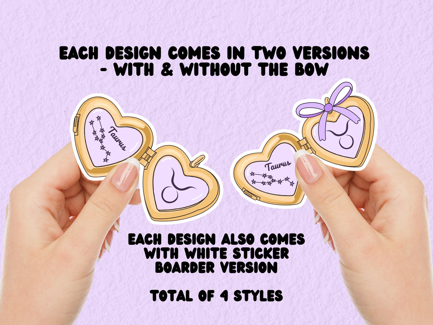 a cute trending and popular PNG digital download design of a gold love heart locket featuring a zodiac star sign and constellation symbol, finished with a purple lilac bow.  Can be used to create physical stickers or use for sublimation on clothing such as t shirts, jumpers and canvas bags