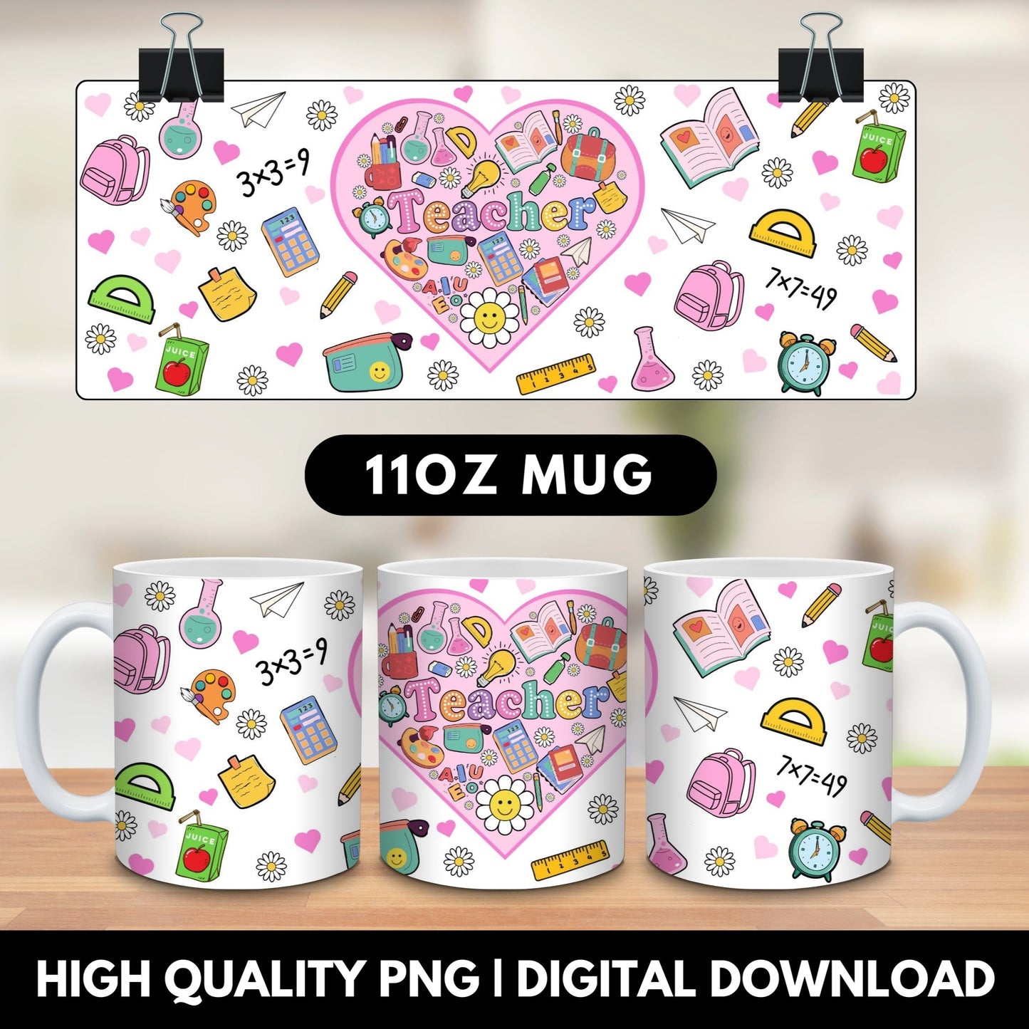 Colorful 'Teacher' heart 20oz skinny tumbler wrap PNG for sublimation featuring cute school supplies like books, calculators, rulers, backpacks, flowers, hearts, and paper airplanes on a black background. Perfect digital download for creating teacher appreciation gifts, custom drinkware, and back-to-school tumblers. Ideal for Cricut, sublimation projects, and personalized teacher gifts