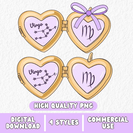 a cute trending and popular PNG digital download design of a gold love heart locket featuring a zodiac star sign and constellation symbol, finished with a purple lilac bow.  Can be used to create physical stickers or use for sublimation on clothing such as t shirts, jumpers and canvas bags