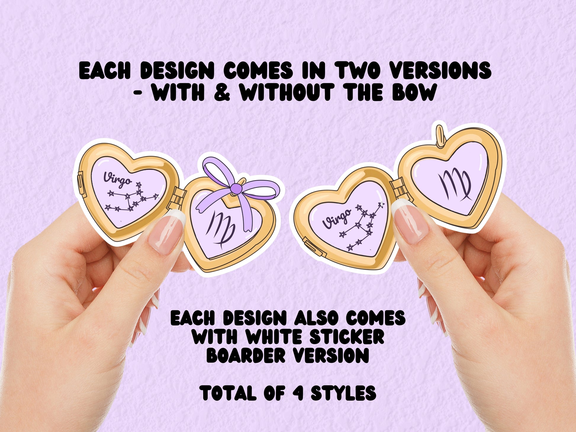 a cute trending and popular PNG digital download design of a gold love heart locket featuring a zodiac star sign and constellation symbol, finished with a purple lilac bow.  Can be used to create physical stickers or use for sublimation on clothing such as t shirts, jumpers and canvas bags