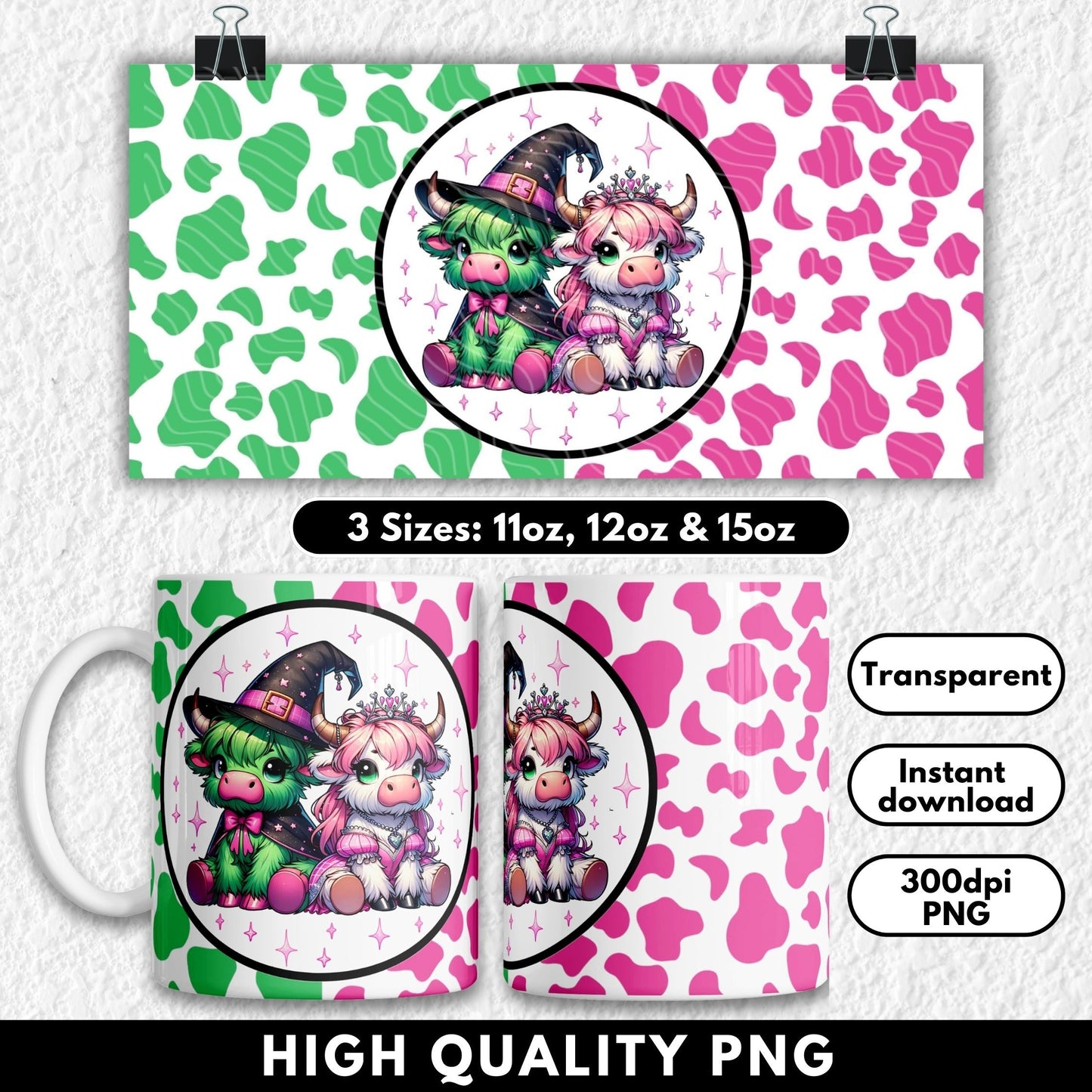 This Wicked-inspired sublimation mug wrap features two adorable kawaii highland cows dressed in Wizard of Oz–themed outfits. One green cow wears a black witch hat and cape, styled after the Wicked Witch, while the pink cow is dressed as Glinda the Good Witch with tiara, gown, and sparkles. Set against a split green and pink cow print background, this magical design is perfect for Wicked fans, Oz lovers, and spooky cute mug collectors. Sized for 11oz, 12oz, and 15oz sublimation mugs