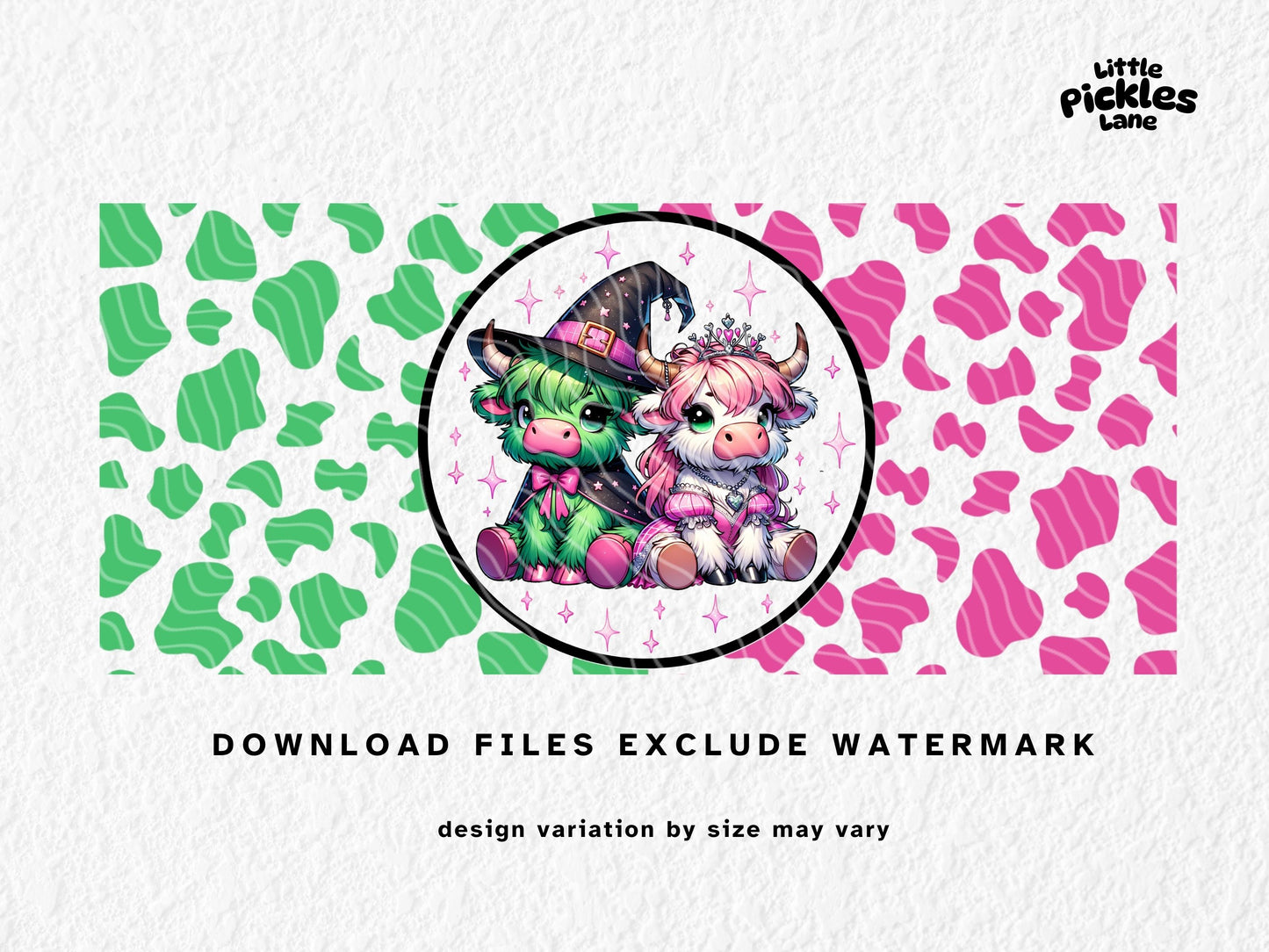 This Wicked-inspired sublimation mug wrap features two adorable kawaii highland cows dressed in Wizard of Oz–themed outfits. One green cow wears a black witch hat and cape, styled after the Wicked Witch, while the pink cow is dressed as Glinda the Good Witch with tiara, gown, and sparkles. Set against a split green and pink cow print background, this magical design is perfect for Wicked fans, Oz lovers, and spooky cute mug collectors. Sized for 11oz, 12oz, and 15oz sublimation mugs