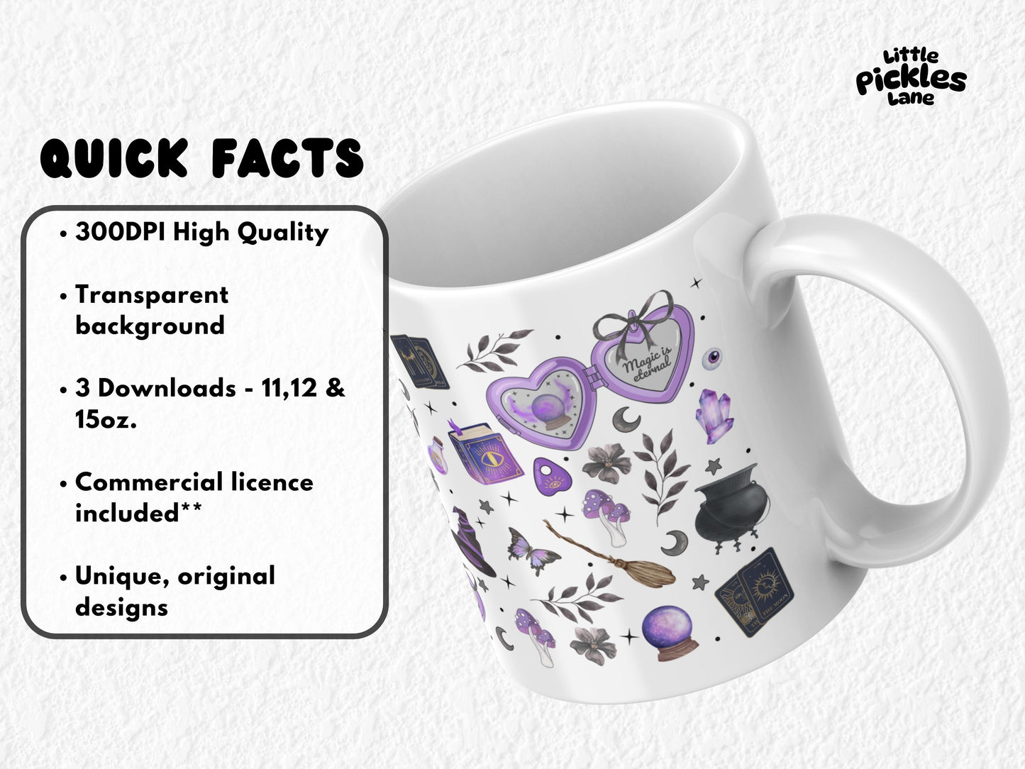 This witchy sublimation mug design features enchanting purple and black details including heart-shaped lockets with phrases like “Witch Please” and “Hex the Patriarchy,” tarot cards, crystal balls, spell books, potions, cauldrons, witch hats, brooms, mushrooms, and butterflies. Perfect for Halloween, BookTok witches, and everyday gothic magic vibes. High-resolution PNG sized for 11oz, 12oz, and 15oz mugs—ideal for spooky season gifts, witchy crafting projects, and mystical mug lovers
