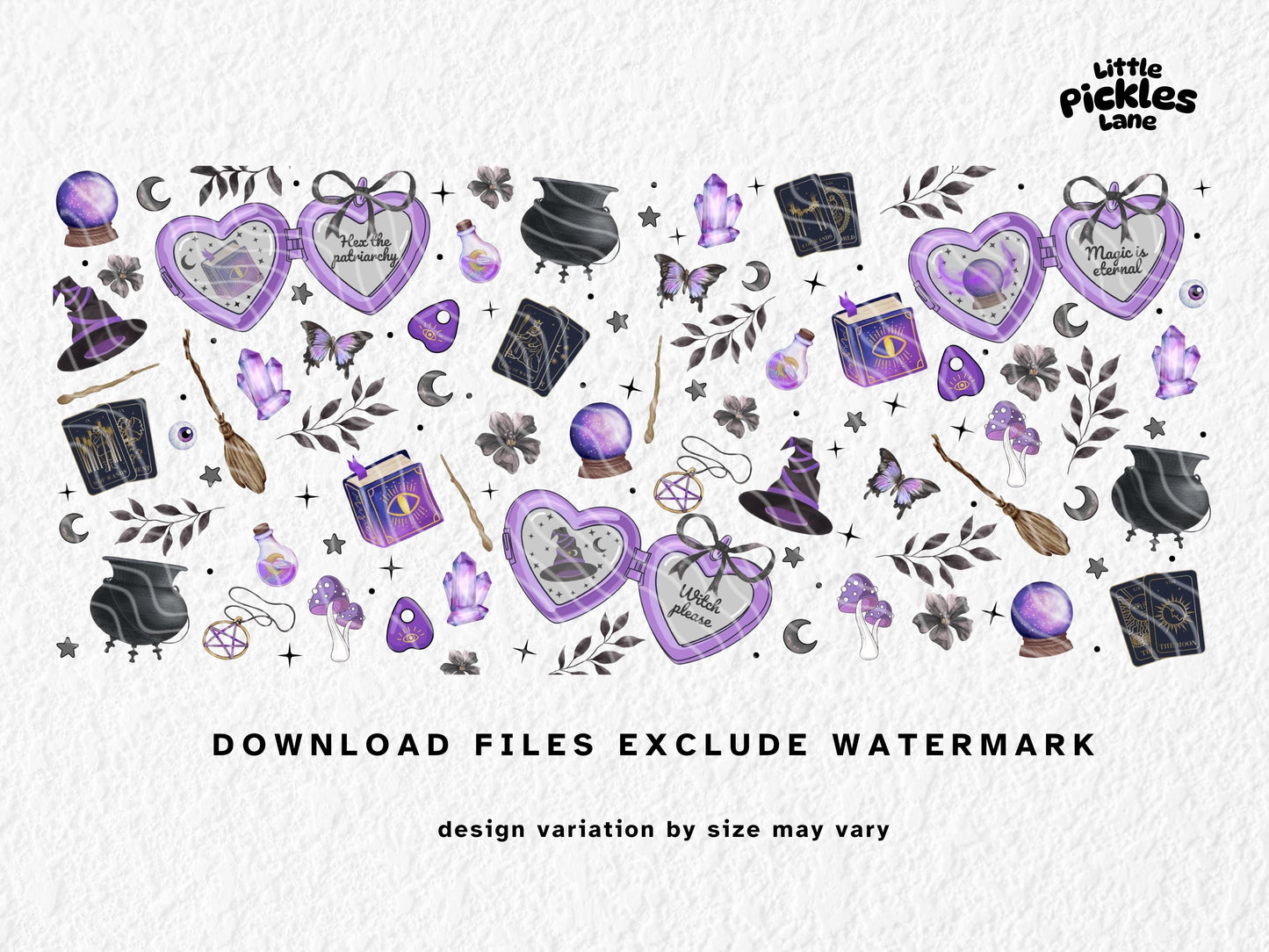 This witchy sublimation mug design features enchanting purple and black details including heart-shaped lockets with phrases like “Witch Please” and “Hex the Patriarchy,” tarot cards, crystal balls, spell books, potions, cauldrons, witch hats, brooms, mushrooms, and butterflies. Perfect for Halloween, BookTok witches, and everyday gothic magic vibes. High-resolution PNG sized for 11oz, 12oz, and 15oz mugs—ideal for spooky season gifts, witchy crafting projects, and mystical mug lovers