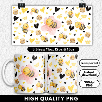 Mug with bee and heart pattern and matching design on a transparent background