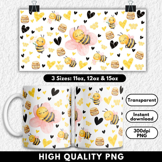 Mug with bee and heart pattern and matching design on a transparent background