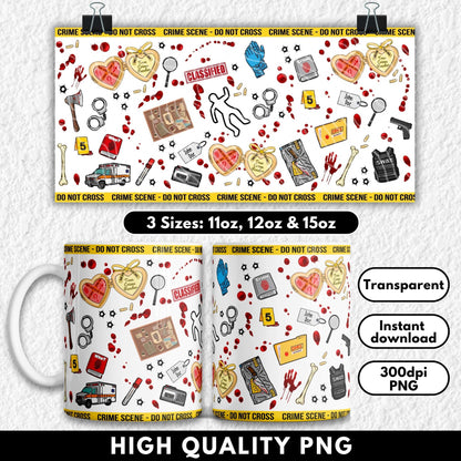 Mug with crime scene-themed design and text on a white background