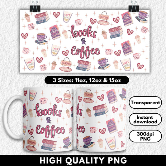 Mug with 'books & coffee' design and additional elements on a white background