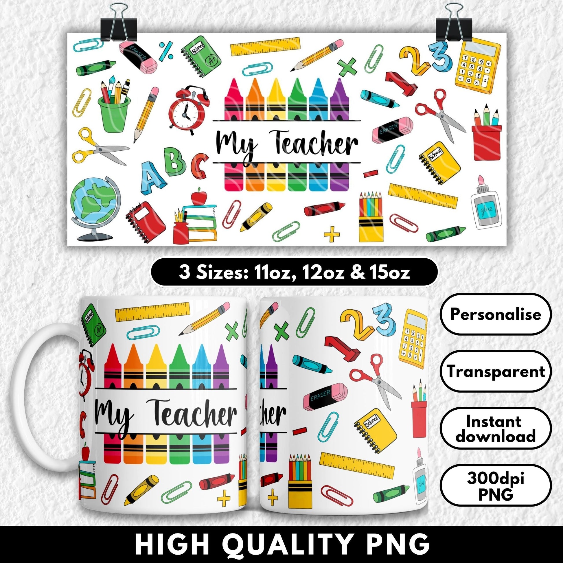 Mug with colorful teacher-themed design and text 'My Teacher' on a white background.