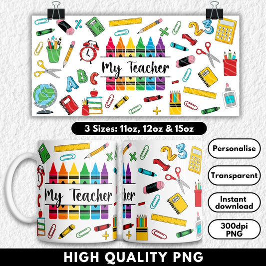 Mug with colorful teacher-themed design and text 'My Teacher' on a white background.